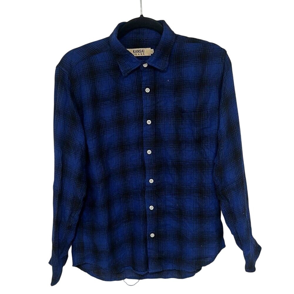 Kansai Jeans Mens Blue Black Plaid Button Down Shirt Size M